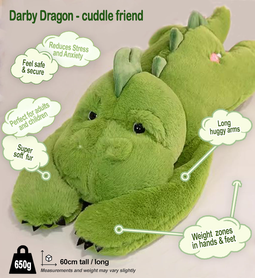 Darby the Dragon - long armed, large weighted sensory plush toy - Cuddle Therapy Friend