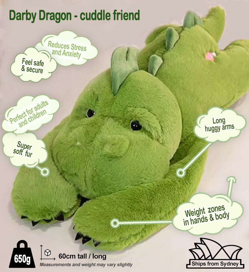Darby the Dragon (650g, 60cm) - long armed, large weighted sensory plush toy - Cuddle Therapy Friend