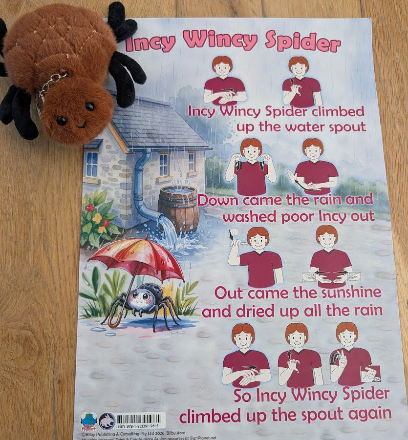 Children's Auslan poster of Incy Wincy Spider with a plush spider toy