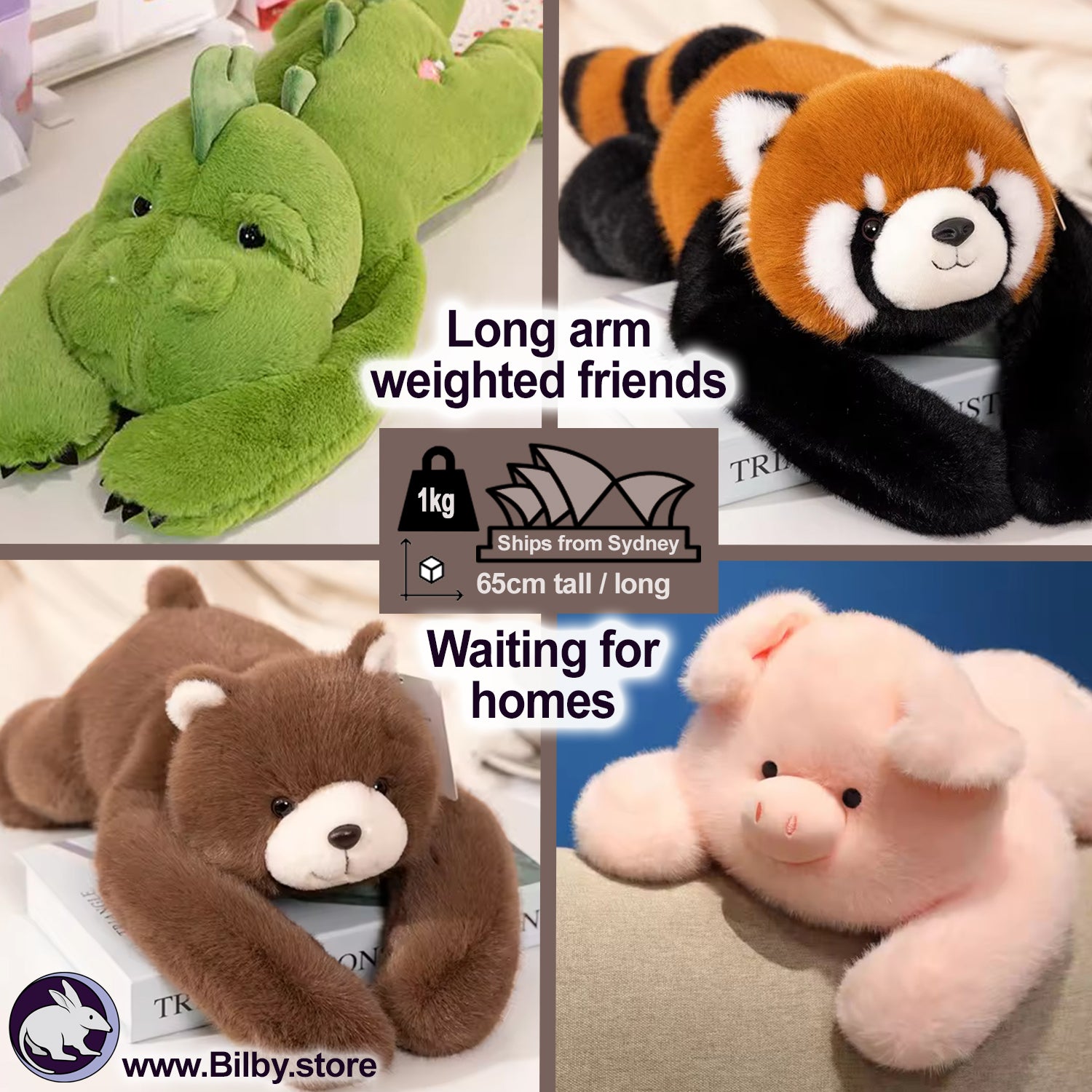 Weighted Animals (<1kg, 65cm) Long arm weighted sensory plush cuddle friend