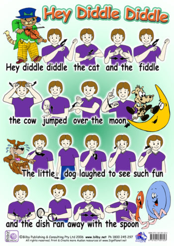 A3 set of 10 Auslan Nursery Rhyme posters: 5 Little Ducks, Doggy In The Window, Baa Baa, Hey Diddle, Twinkle, Rub A Dub, Happy Birthday, Lucky Humpty, Hickory Dickory, Its Raining