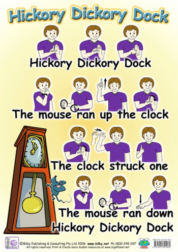 A3 set of 10 Auslan Nursery Rhyme posters: 5 Little Ducks, Doggy In The Window, Baa Baa, Hey Diddle, Twinkle, Rub A Dub, Happy Birthday, Lucky Humpty, Hickory Dickory, Its Raining