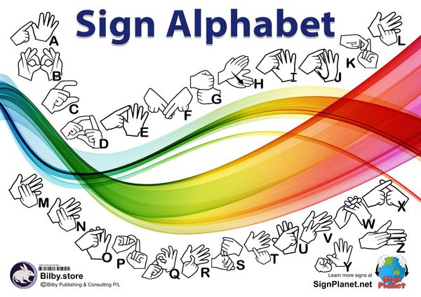 Sign Alphabet Poster with Rainbow Ribbon - Auslan, BSL, NZSL