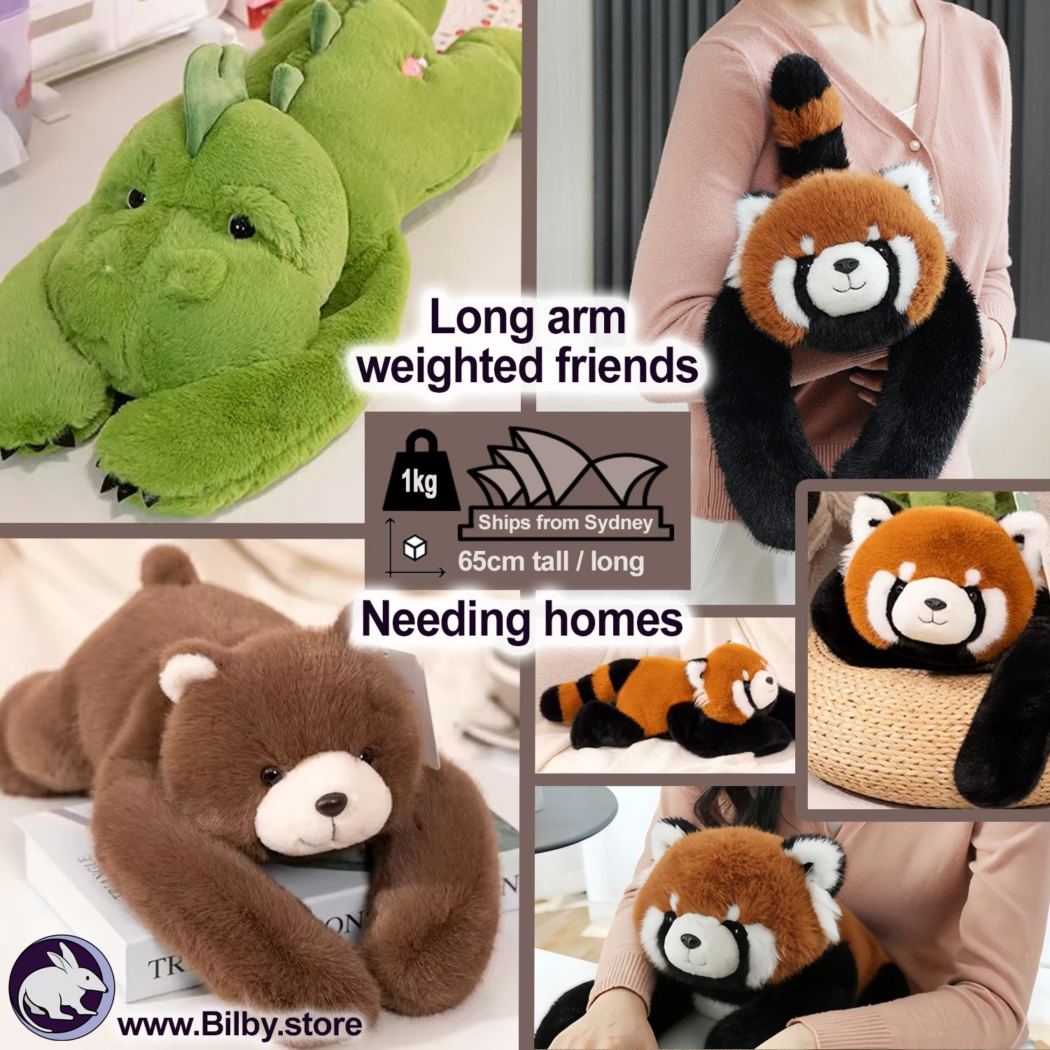 Weighted Animals (<1kg, 65cm) Long arm weighted sensory plush cuddle friend