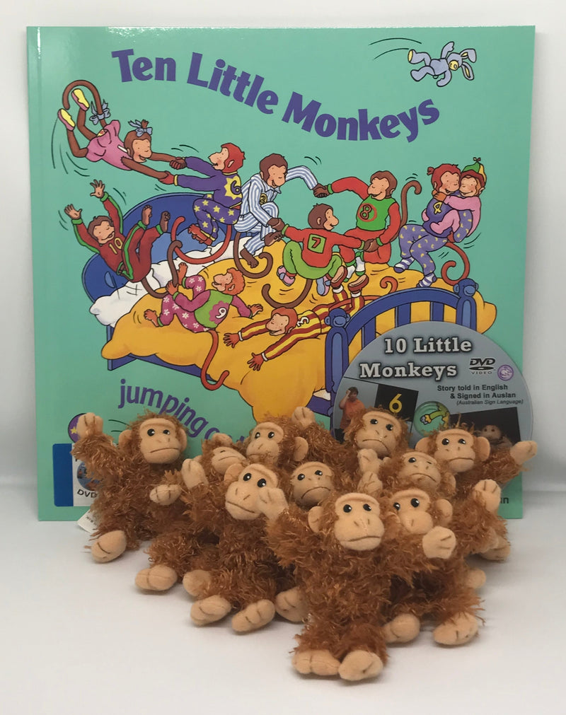 10 Cheeky Monkeys Auslan Book Set - Inc book PLUS Auslan DVD and 10 monkey finger puppets
