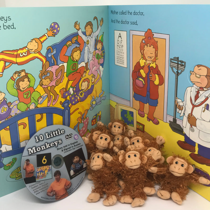 10 Cheeky Monkeys Auslan Book Set - Inc book PLUS Auslan DVD and 10 monkey finger puppets