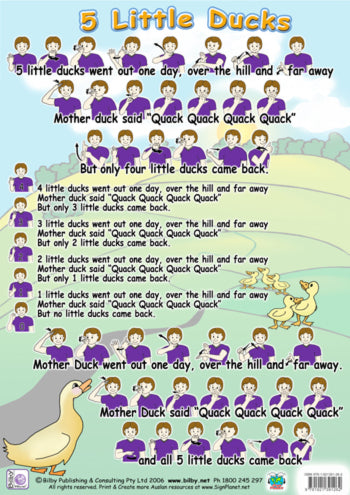 Sign Language For Duck 5 Little Ducks - Auslan (Australian sign Language) Poster (Laminated A